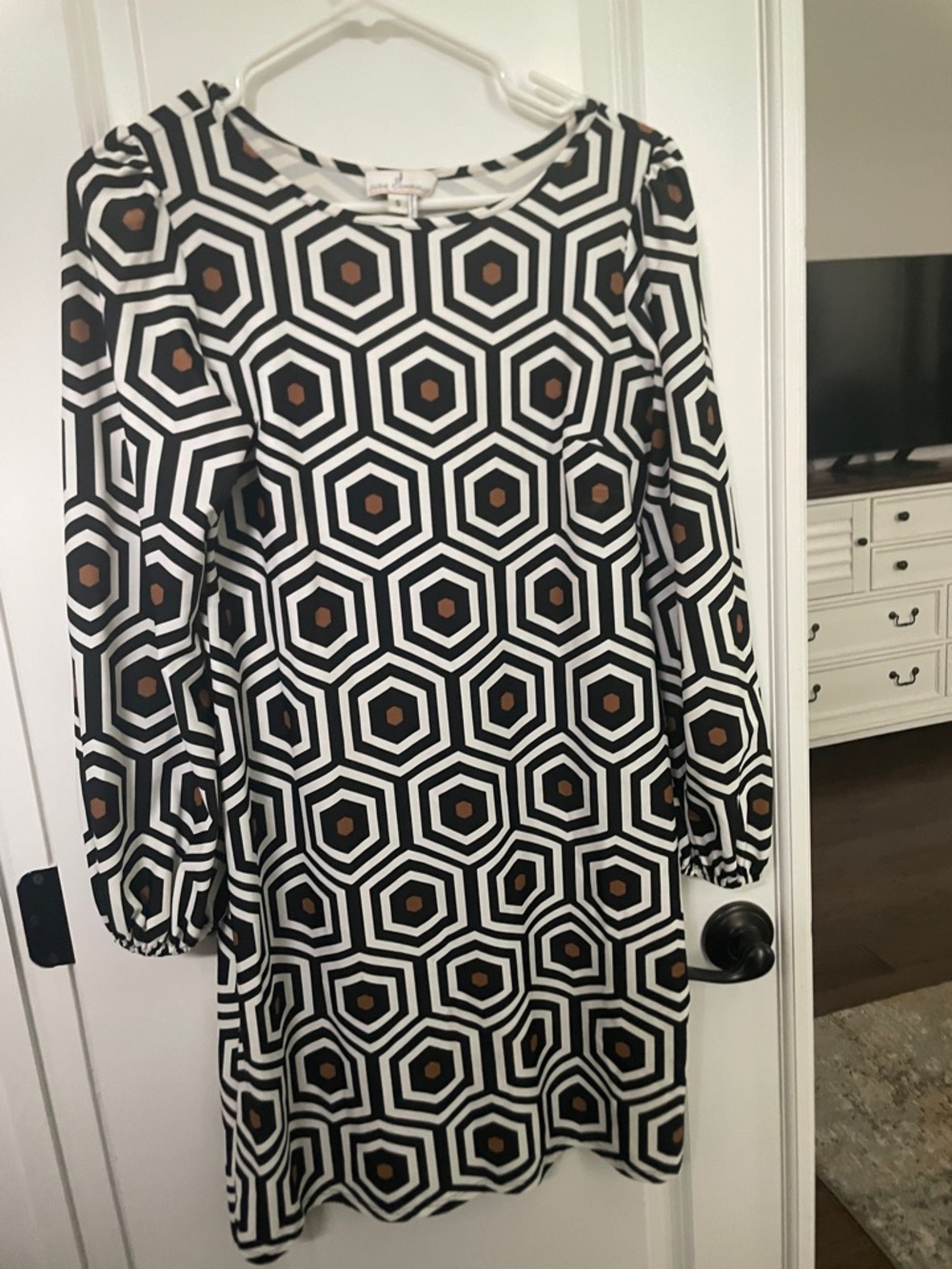 Jude Connally Black, White & Brown Hexagon Long-Sleeve Shift Dress